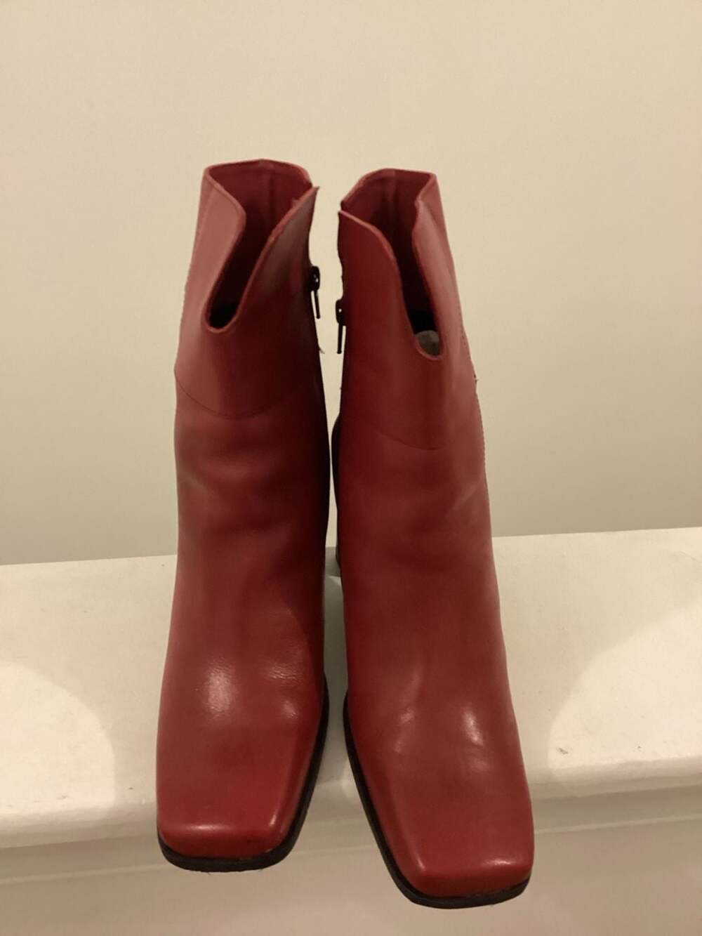 Sandra Red Leather Square Toe Block Heel Ankle Boots